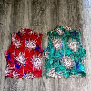 Bundle of Two Red and Blue sun print Y2K style Mock Neck Tank tops New